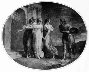 Prudencia, Piedad, Caridad y Discreción invitando a Cristiano al Palacio Hermoso