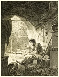 Robinson Crusoe trabajando en su cueva, de La vida y extrañas sorprendentes aventuras de Robinson Crusoe, marinero de York, por Daniel Defoe