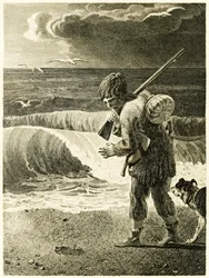 Robinson Crusoe descubre la huella de un hombre, de La vida y extrañas sorprendentes aventuras de Robinson Crusoe, marinero de York, por Daniel Defoe