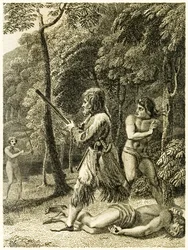 Robinson Crusoe ve y rescata por primera vez a su hombre Viernes, de La vida y extrañas sorprendentes aventuras de Robinson Crusoe, marinero de York, por Daniel Defoe