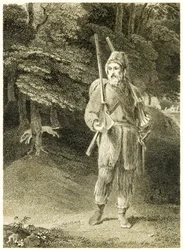 Robinson Crusoe cazando, de La vida y extrañas sorprendentes aventuras de Robinson Crusoe, marinero de York, por Daniel Defoe