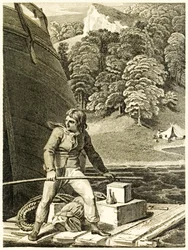 Robinson Crusoe en su balsa, de La vida y extrañas sorprendentes aventuras de Robinson Crusoe, marinero de York, por Daniel Defoe