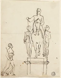 Escultura de jinete acompañado por dos figuras de pie, con boceto de una de ellas