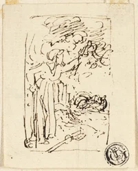 Boceto de figura apoyada en un bastón