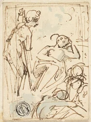Boceto de hombre apoyado en un bastón, mirando a una mujer dormida