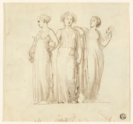 Tres musas (recto); Estudio de caballero y monje para una ilustración en una novela gótica (verso)