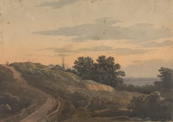 Paisaje montañoso con casa, camino y figuras