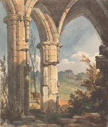 Paisaje mirando a través de un arco en ruinas