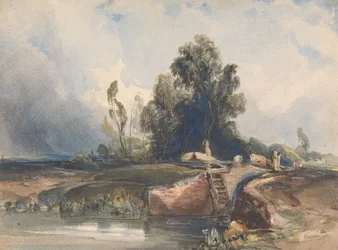 Paisaje con canal y esclusa; figuras en la esclusa
