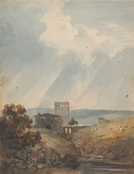 Paisaje con castillo, colinas y montañas