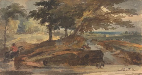 Paisaje con loma arbolada y figura a caballo