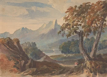 Paisaje con montañas, castillo lacustre, figura sentada en primer plano