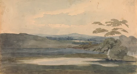 Paisaje con árboles y montañas, lago en primer plano