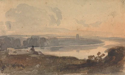Paisaje, con río serpenteante, figura en una colina en primer plano