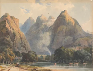 Escena de montaña con arroyo, vacas y figuras