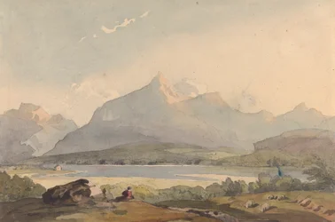 Paisaje montañoso con lago y figura en primer plano