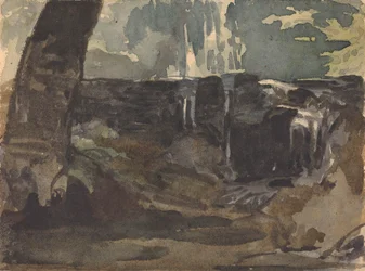 Paisaje rocoso, gran tronco de árbol en primer plano