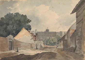 Escena de calle, bordeada de edificios