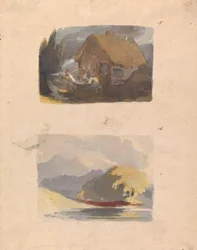 Dos dibujos en una hoja: Cabaña con figuras delante (nº 15); Paisaje con río y montañas - Sol (nº 16)