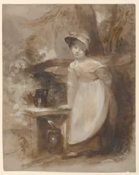Niña joven recogiendo agua en un manantial