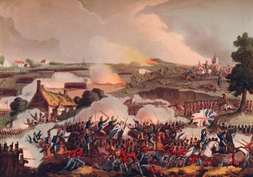 El centro del ejército británico en acción en la batalla de Waterloo, siglo XIX, 1909