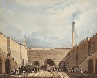Entrada del ferrocarril en Edge Hill, Liverpool, grabado por H. Pyall