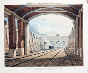 Vista desde debajo del Puente de Hampstead Road, mirando hacia la estación en Euston Square, 1837