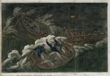 El Melancólico naufragio y la muerte de Lord Royston. Litografía (17,5 x 25,8 cm), edición de Londres (Inglaterra), por Thomas Tegg (¿1808). Arte inglés
