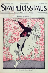 Caricatura de Benito Mussolini (1883-1945), portada de la revista "Simplicissimus", publicada en Múnich el 24 de septiembre de 1923 (litografía en color).