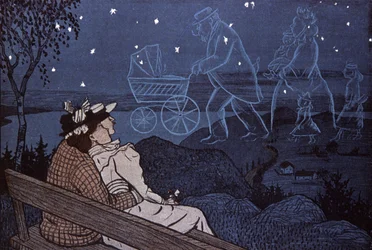 Pareja al aire libre, mirando su futuro en las estrellas: hijos, familia. Ilustración de Th.Th. Heine en: Simplicissimus, Alemania