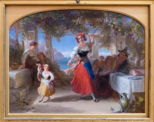 Una madre italiana enseñando a su hijo la tarantela (óleo sobre tabla)