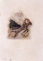 Cupido y amante lamentando la muerte de un ser querido