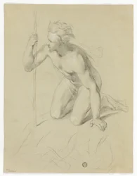 Hombre desnudo arrodillado, sosteniendo un bastón (anverso); Panorama alpino (reverso)