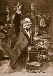 Introducción del proyecto de ley de autonomía: Mr. Gladstone entregando su perorata, 1886, ilustración de 