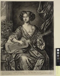 Dama tocando la guitarra, "Madame Davis"; después del retrato pintado por Sir Peter Lely, c. 1674 de Mary Davies en la colección del Conde de Bradford