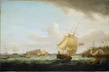 Un barco mercante y otras embarcaciones frente al castillo de Cornet en Guernsey, Inglaterra. Óleo sobre lienzo, hacia 1796, de Thomas Whitcombe (1763-1825).