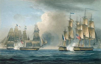 Captura del Pomone por el HMS Arethusa frente a Cuba en 1806, grabado por T. Sutherland para 