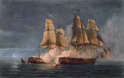 Captura del Thetis por el HMS Amethyst, 10 de noviembre de 1808, grabado por T. Sutherland para 