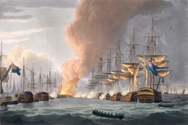 Destrucción de la Flota Danesa frente a Copenhague, 2 de abril de 1801, grabado por Thomas Sutherland para 
