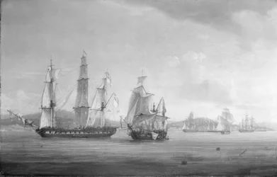 El HMS "Spartan" y la escuadra naval francesa y napolitana, fin del combate, 3 de mayo de 1810, bahía de Nápoles, Italia. Óleo sobre lienzo