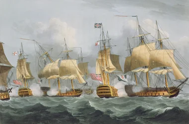 Lord Howe en la Queen Charlotte, Rompiendo la Línea Enemiga, 29 de mayo de 1794, grabado por Thomas Sutherland para 