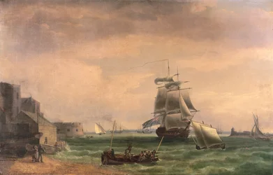Buques de guerra y pequeñas embarcaciones en el puerto de Portsmouth