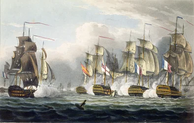 Situación del HMS Bellerophon tras la muerte de su comandante el Capitán Cooke en la Batalla de Trafalgar, 21 de octubre de 1805, grabado por T. Sutherland para 
