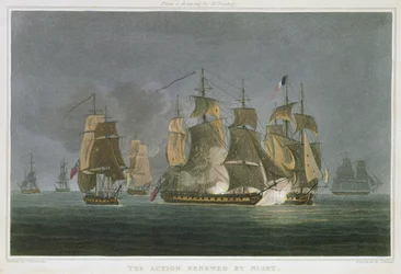 La acción renovada por la noche, frente a Madagascar, 20 de mayo de 1811, grabado por J. Bailey para 