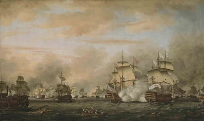 La batalla de los Saintes, 12 de abril de 1782. HMS Barfleur atacando el buque insignia francés Ville de Paris