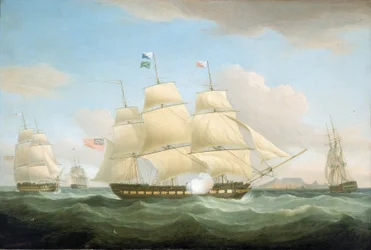 Los buques mercantes de la Compañía de las Indias Orientales "Minerva", "Scaleby Castle" y "Charles Grant", frente a Ciudad del Cabo (Sudáfrica), con la Montaña de la Mesa visible en el horizonte.