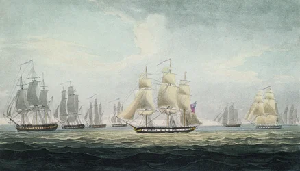La maniobra naval de Sir Graham Moore (1764-1843), comandante de la escuadra de cuatro fragatas de la Marina Real británica, que capturó una flota del tesoro española frente a Cádiz, España, el 5 de octubre