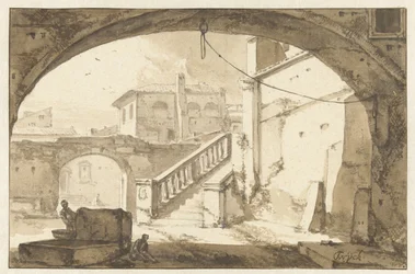 Vista a través de un arco en un patio italiano