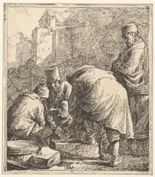 Hombre Ajustando su Calzado, a la Izquierda Tres Hombres Jugando a las Cartas, 1630-77