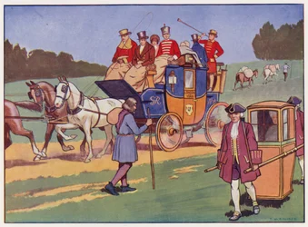 Carroza y cuatro, silla de manos y caballos de carga (litografía en color)